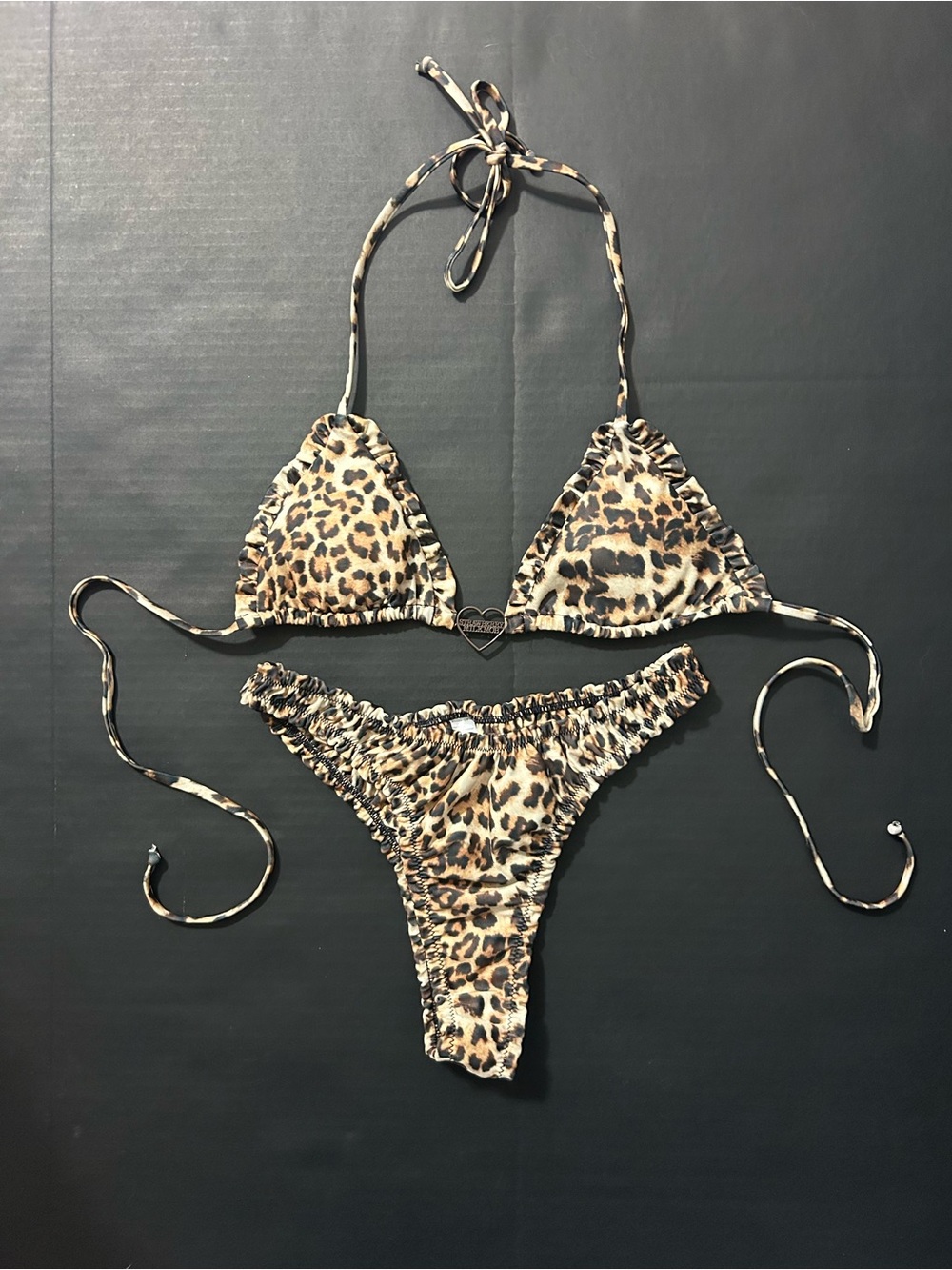 Strawberry Milk Mob Leopard Print Triangle Bikini - Tan & Black